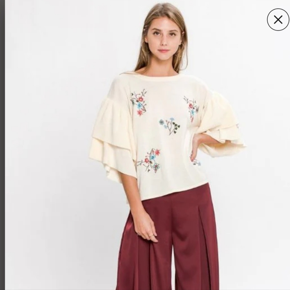 Jealous Tomato Cream Floral Embroidered Ruffle Sleeve Blouse